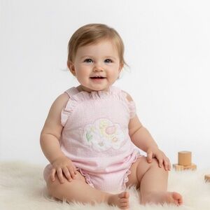 🐥 Alison Scott Vintage Pink & White Seersucker Romper w/ Duck Appliqué –Size 18M